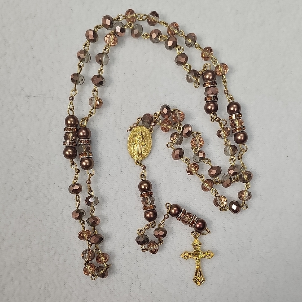 Gold-Tone Brown Beaded Rosary Necklace